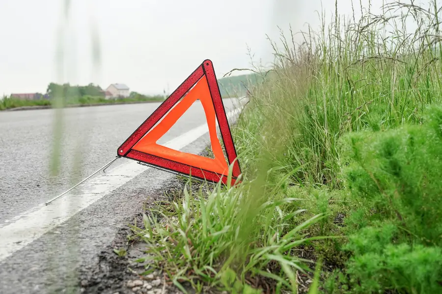 Warning triangle set out on roadside grass